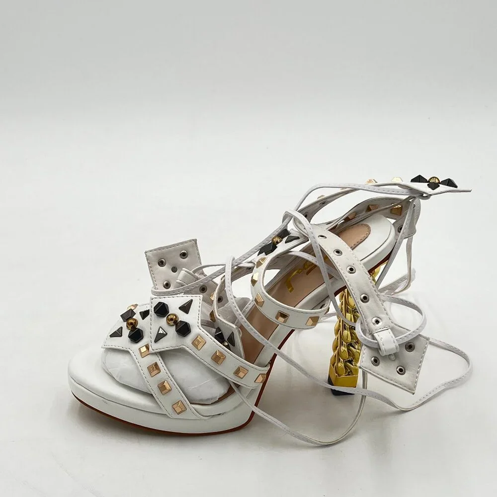 FSJ Ivory Gold Metal Chain Thick High Heel Open Toe Strappy Ankle Buckle Sandals - Picture 2 of 8